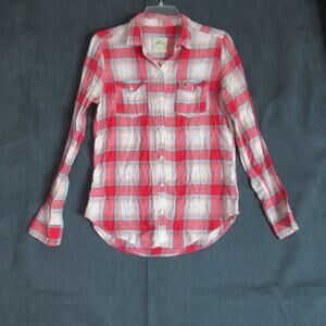 Hollister Shirt Womens Medium Red Cream Plaid Flannel Cabincore Cowgirl Western